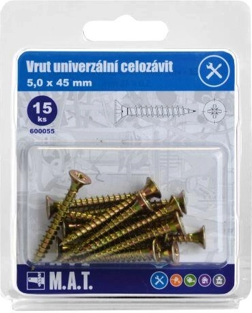 Universele schroef, volledig schroefdraad 5 × 45 mm, verzinkt, 15 stuks