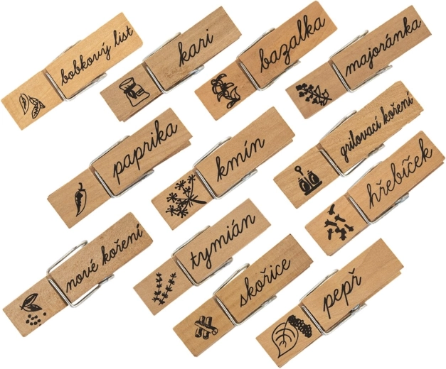 Houten knijpers met kruidenmotief (12 stuks)