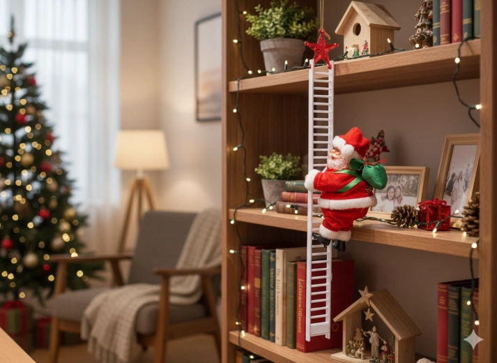 Sinterklaas klimmend op een ladder 20,5 cm – bewegende kerstdecoratie met melodie