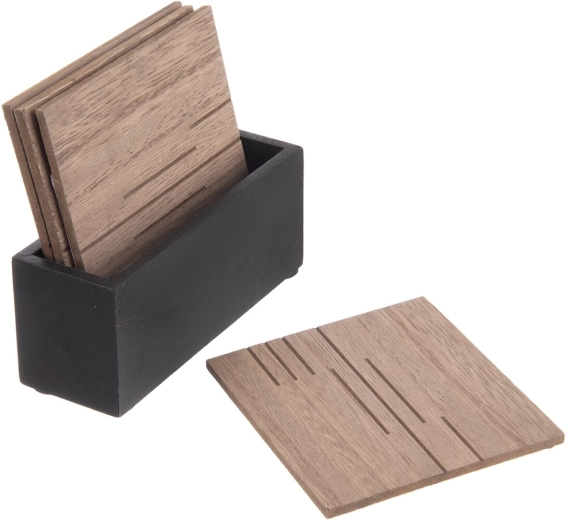 Houten onderzetters met houder Line (4 stuks, 10 × 10 cm)