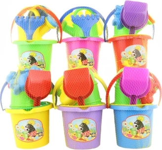 Zandset met afbeelding – emmer, schep, harkjes en gieter