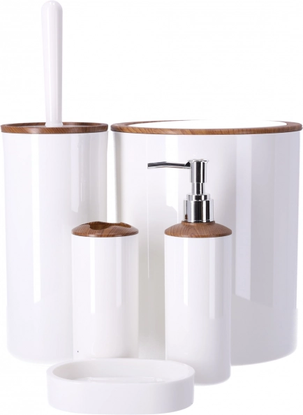 5-delige set badkameraccessoires BERRETTI, wit met houten accenten
