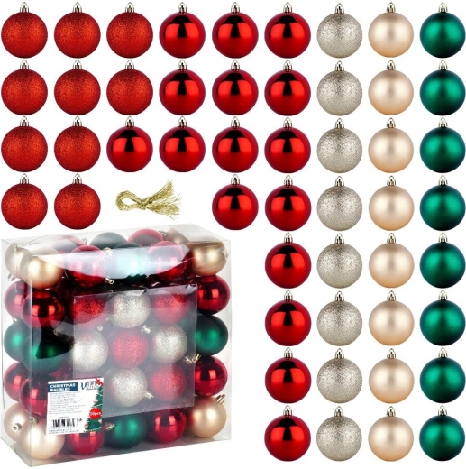 Set onbreekbare kerstballen 6 cm, rood, groen en champagne, 50 stuks