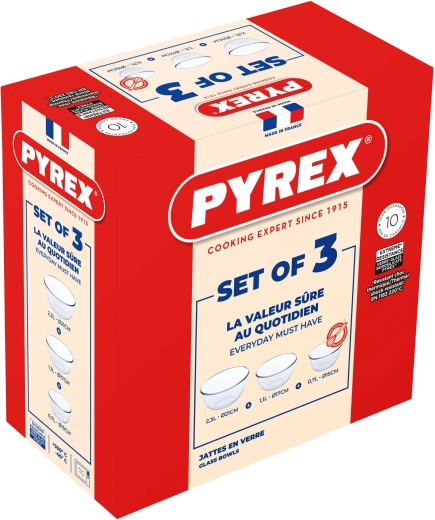 Set glazen kommen PYREX 3 stuks 0,7 l + 1,1 l + 2,3 l