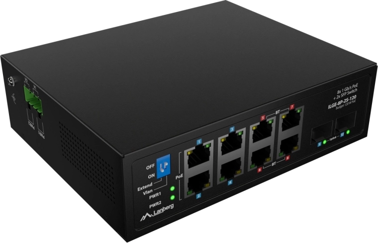 Lanberg ILGE-8P-2S-120 industriële PoE++ gigabit-switch voor DIN-rail