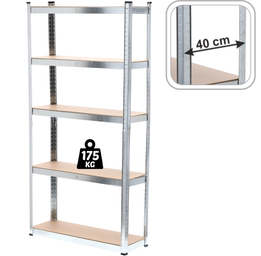 Vijflaags metalen stelling 220 × 90 × 40 cm, draagvermogen plank 175 kg