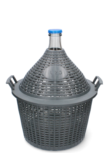 Glazen mandfles 20 l met plastic mand