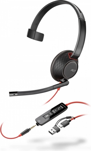 Enkelzijdige headset POLY Blackwire 5210 USB‑C met 3,5mm‑jack en USB‑C/USB‑A‑adapter