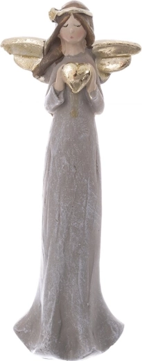 Engelenbeeldje met hart van polyresin grijs/goud 15 cm