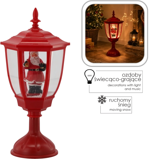 Kerst-lantaarn met LED-verlichting, Sinterklaas en muziekdoosje, 55 cm, rood