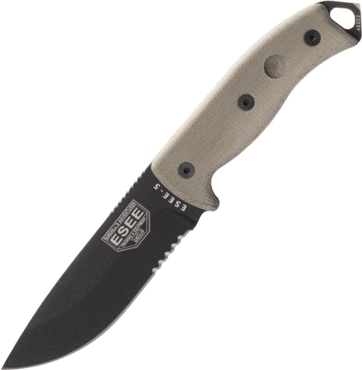 ESEE 5 kartelrand, zwart lemmet, micarta handgreep, Kydex schede