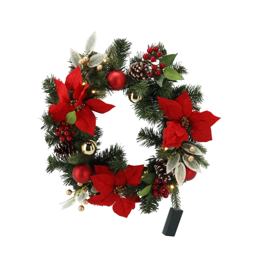 Kerstkrans 40 cm met LED-verlichting in rood-gouden decor - 1 stuk
