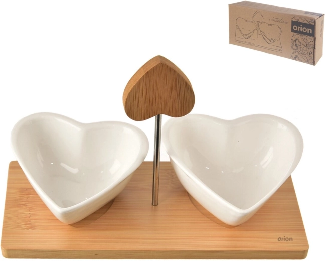 Orion Whiteline serveerset met 2 hartvormige schaaltjes en houten dienblad