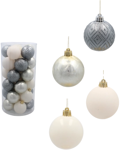 Set van kerstballen 6 cm, 30 stuks – champagne, grijs en wit