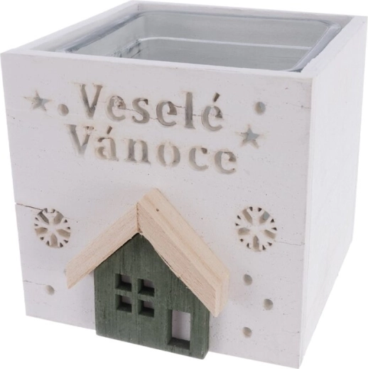 Houten kandelaar ‘Vrolijk Kerstfeest’ wit