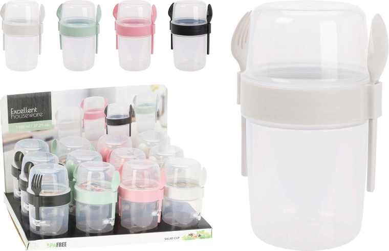 Ronde lunchdoos 1,1 l met bestek, mix kleuren