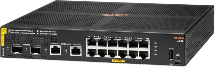 Aruba 6000 12-poorts switch met PoE Class 4 en 2× SFP (139 W)