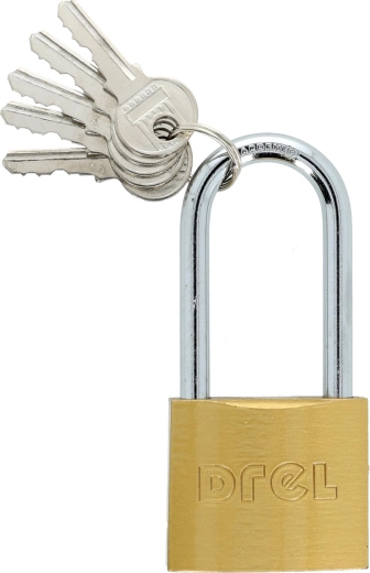 Hangslot 50 mm met verlengde beugel, messing, 5 sleutels