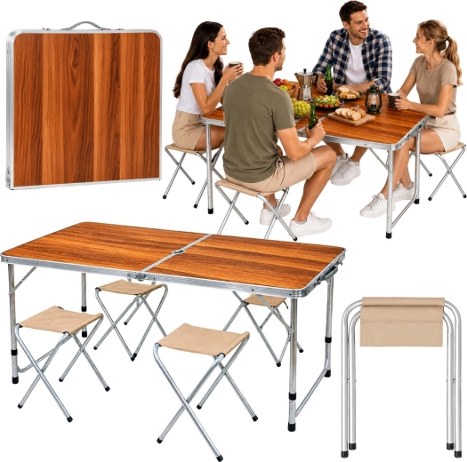 Opvouwbare campingset: tafel en 4 krukjes in koffer, houtdecor