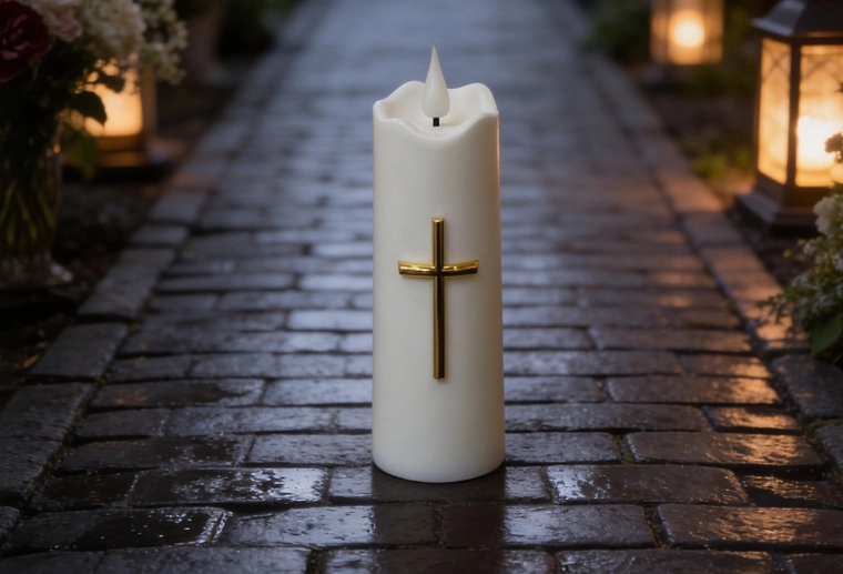 Witte LED-kaars met gouden kruis 15,5 cm