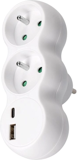 Solight stekkerdoosadapter met USB-A en USB-C snellader 20 W PD, wit