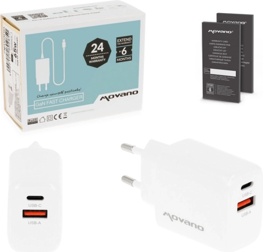 Movano GaN-netlader 20 W USB-C PD + USB-A wit