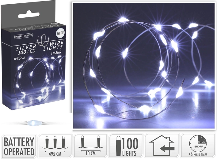 Kerst LED-verlichting 4,95 m, 100 LED, koudwit, op draad, met timer - 1 stuk
