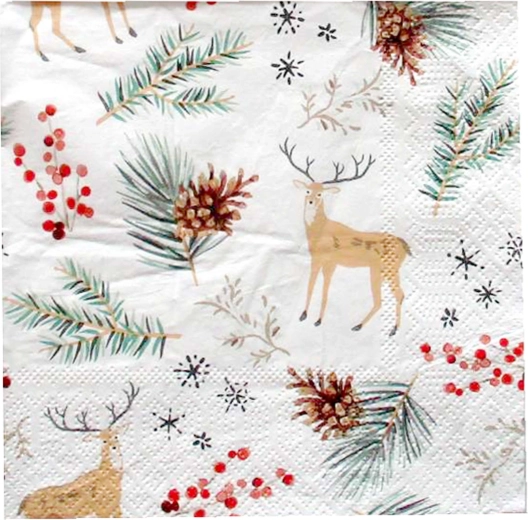 Kerstservetten dennenappel en eland 33 × 33 cm, 3-laags