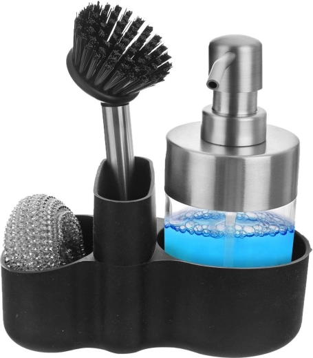 Keukenorganizer met dispenser, borstel en schuursponsje 350 ml