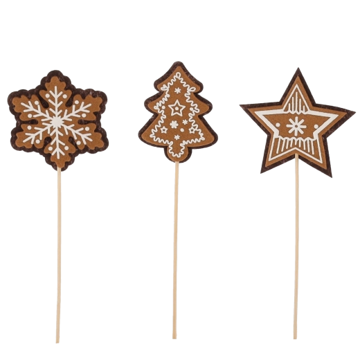 Kerst-gingerbread prikkers op stokje 8 × 8 cm – set van 12 stuks, mix van patronen