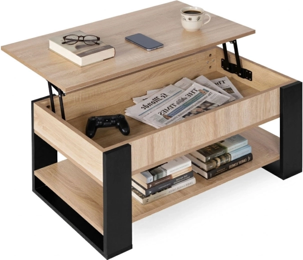 Salontafel met opklapblad 90 cm, opbergruimte en plank, eik sonoma, ModernHome