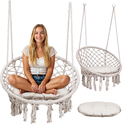 Hangstoel boho beige met kussen