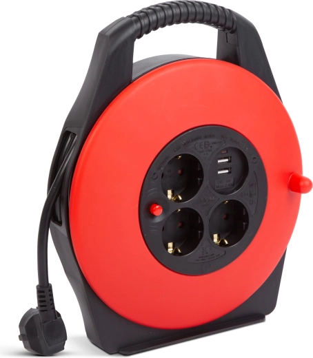 Kabelhaspel met kunststof handgreep, 3 stopcontacten en 2 USB-poorten, 10 m