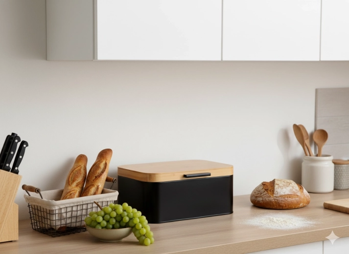 Broodtrommel Lauro van metaal met bamboe deksel, zwart