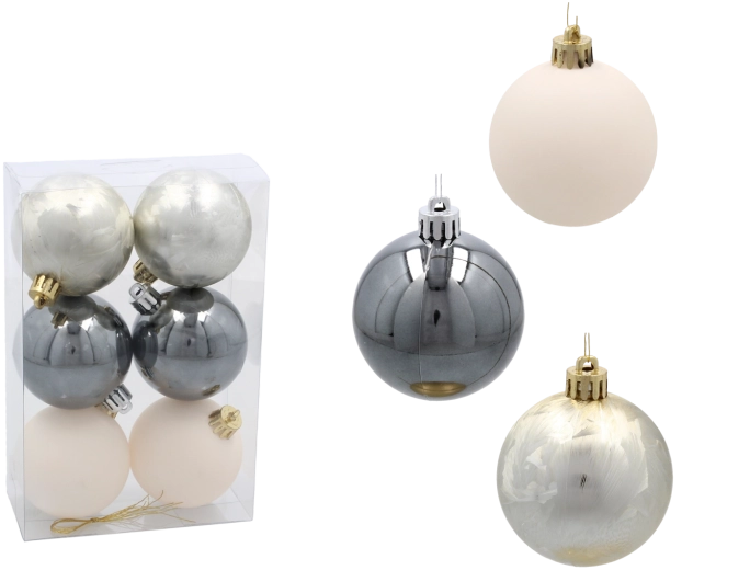 Set van 6 kerstballen 6 cm in champagne-, grijze en witte tinten