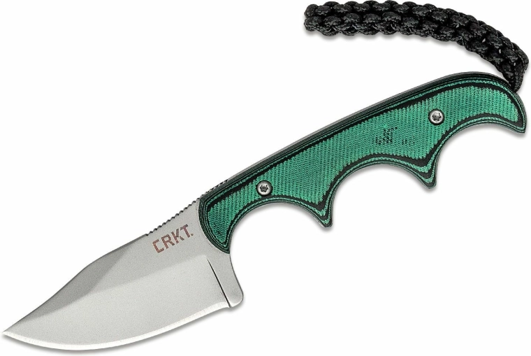 CRKT Minimalist Bowie – kleine nekmess 5,3 cm, groen‑zwart, G10, schede