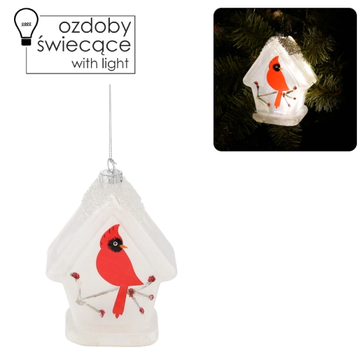 Glazen kerstdecoratie met LED – vogeltje bij het voederhuisje