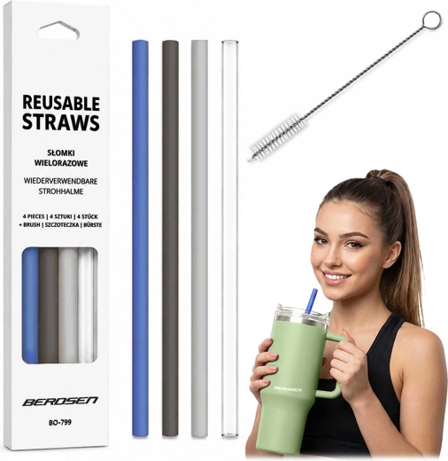 Berdsen plastic herbruikbare rietjes voor thermobeker – set van 4 stuks + reinigingsborsteltje