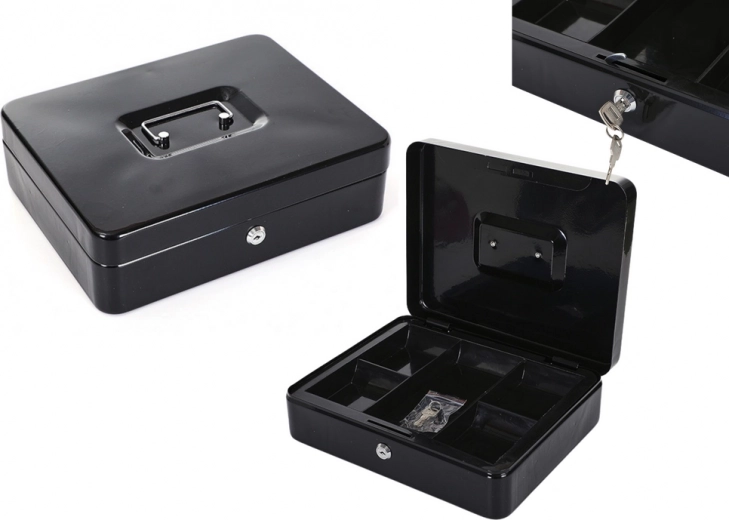 Dubbelwandige metalen geldkist met vakverdeling en twee sleutels zwart