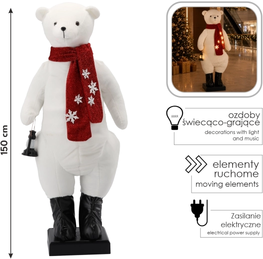Kerstdecoratie ijsbeer 150 cm met ledverlichting, melodie en beweging