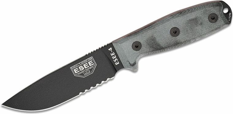 ESEE mes 4S met gedeeltelijke kartels, 11,4 cm, zwart/grijs, Micarta, MOLLE-foedraal