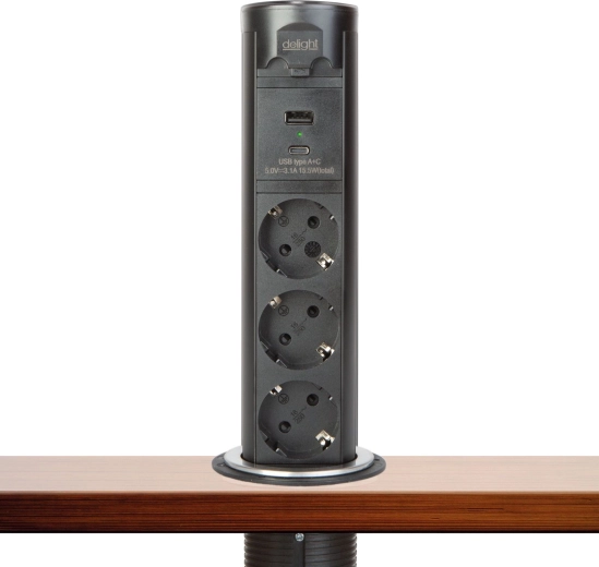 Gemotoriseerde uitklapbare stekkerdoos Touchcontrol met 3 stopcontacten, USB-A en USB-C, zwart