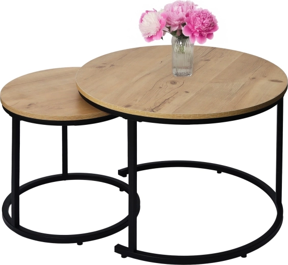 Set ronde salontafels 2-in-1 in loftstijl, licht antiek eiken