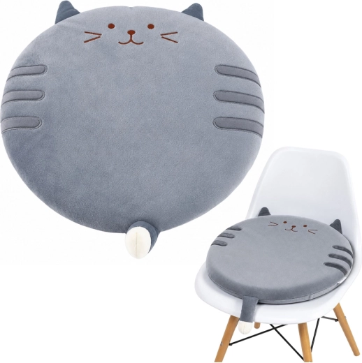 Rond pluchen zitkussen voor stoel – kat, grijs 40 cm