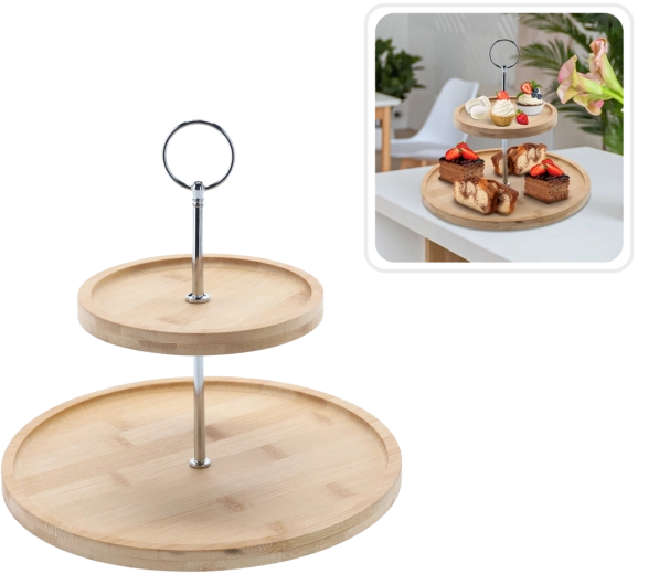 Twee verdiepingen bamboe-metalen etagère 22 × 24 cm