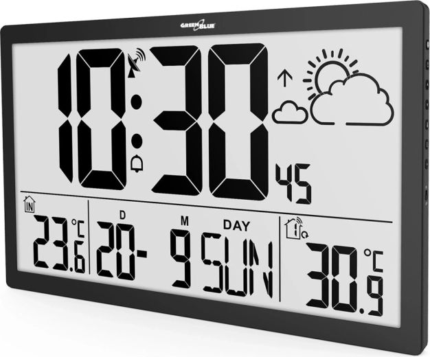 Wand-gemonteerde multifunctionele LCD-klok met DCF-synchronisatie
