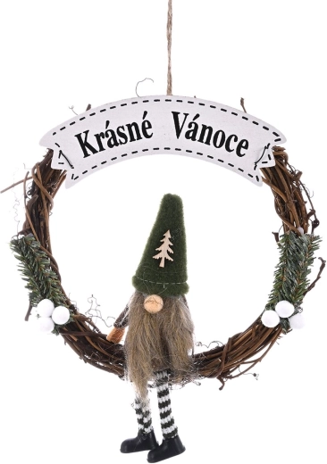 Houten kerstkrans met kabouter en opschrift Fijne Kerstdagen