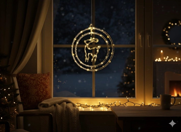 Kerst raamdecoratie – LED hert in cirkel, warm wit, op batterijen