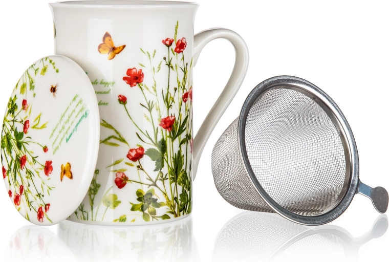 Keramische mok met deksel en roestvrijstalen zeef 300 ml Meadow Flowers