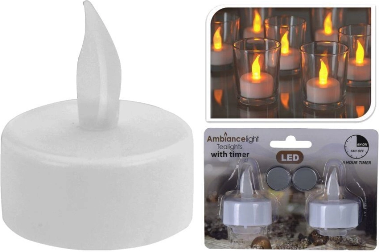 LED theelichtje wit met timer en batterijen (2 stuks)